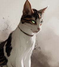 a painting of a cat with green eyes