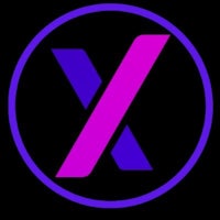 a purple and pink x logo on a black background