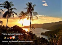 a sunset with palm trees and a lake in the background